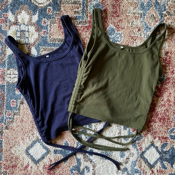 SET OF 2! ARTFISH RUCHED ADJUSTABLE SIDE CROP TANK, M - NAVY BLUE & OLIVE GREEN - Picture 1 of 5